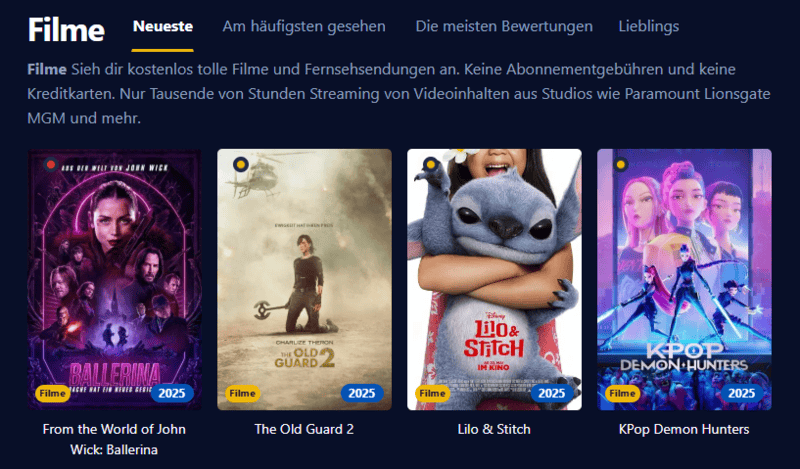 Bildschirmfoto der Filmpalast-Benutzeroberflaeche die verschiedene Filmtitel und Serienepisoden anzeigt.